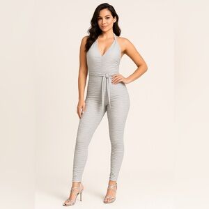 Warrior Within Ruched Silver-Grey Jumpsuit – Small Excellent James Bondgirl vibe